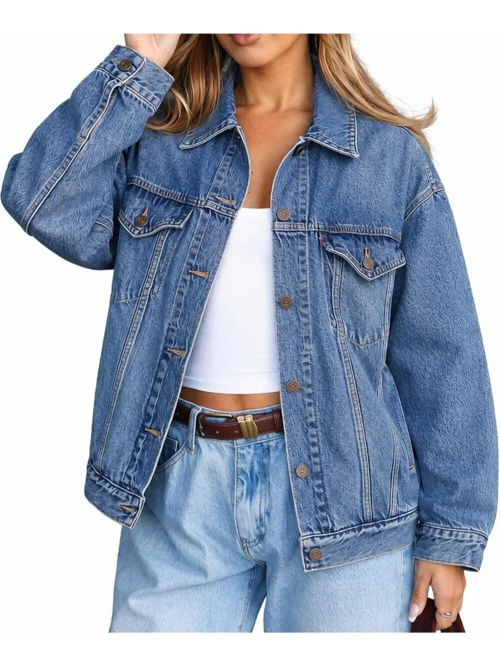 Women's Blue Oversized Casual Trucker Jeans Jacket Long Sleeve Button Down Coat